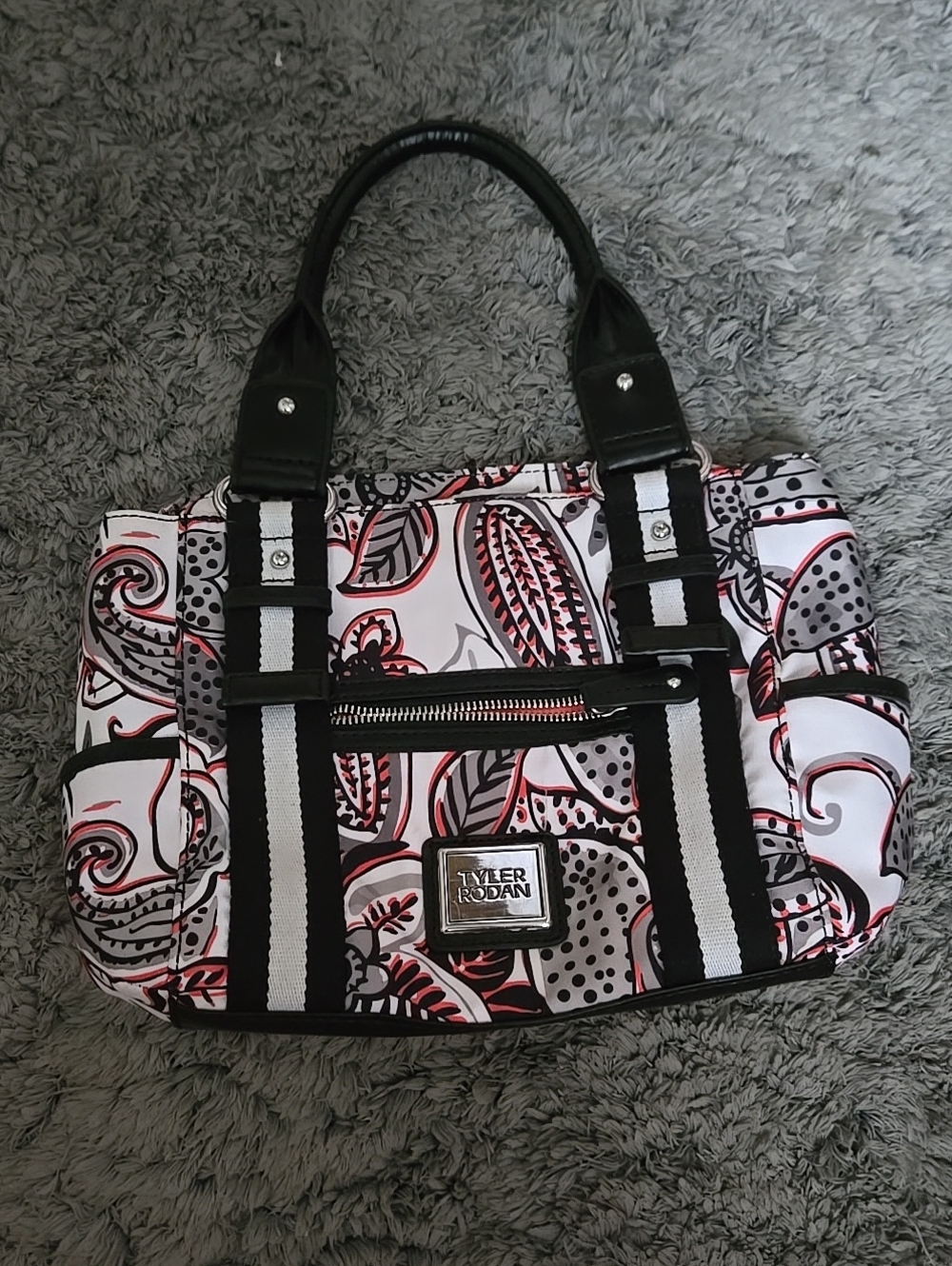 Tyler Rodan White Black and Pink Paisley Stripe Tote. Vintage